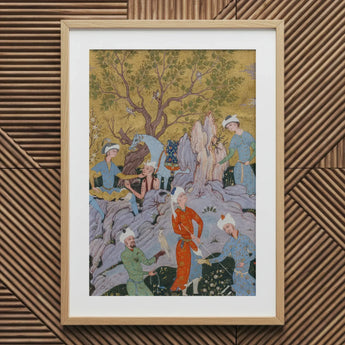 Princely Hawking Party - Mirza Ali Art Print / Canvas Framed Persian Miniature Painting Among Ochre Boughs, Mirza Ali Art, Cinnabar Silk