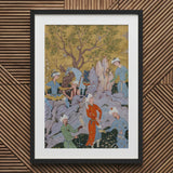 Princely Hawking Party - Mirza Ali Art Print / Canvas Framed Persian Miniature Painting Figures Landscape Among Ochre Boughs, Cinnabar Silk