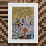 Princely Hawking Party - Mirza Ali Art Print / Canvas Framed Persian Miniature Painting Scene Among Ochre Boughs, Cinnabar Silk Prints