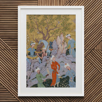 Princely Hawking Party - Mirza Ali Art Print / Canvas Framed Persian Miniature Painting Scene Among Ochre Boughs, Cinnabar Silk Prints