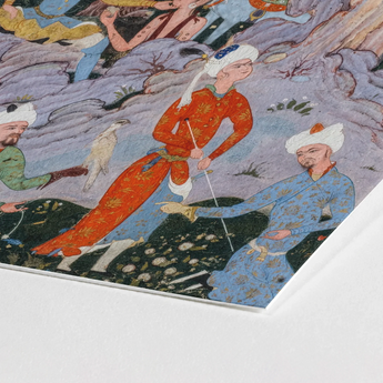 Princely Hawking Party - Mirza Ali Art Print / Canvas Vibrant Intricately Detailed Persian Miniature Painting Three Among Ochre Boughs,
