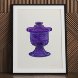 Azucarero morado con tapa - Lámina de arte decorativo de Janet Riza / Lienzo, 24x32’’ / 61x81cm / Marco negro / Cartón paspartú, Pósters, impresiones y