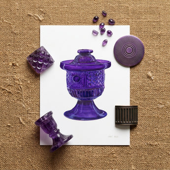 Purple Sugar Bowl with Cover - Janet Riza Decorative Art Print / Canvas Translucent Purple Glass Urn Decorative Lid Intricate Faceted