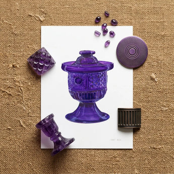 Purple Sugar Bowl with Cover - Janet Riza Decorative Art Print / Canvas Translucent Glass Urn Lid Intricate Faceted Vibrant, Bygone Era