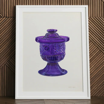 Purple Sugar Bowl with Cover - Janet Riza Decorative Art Print / Canvas Vibrant Glass Jar Lid Intricate Diamond-cut Patterns, Bygone Era