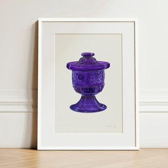 Purple Sugar Bowl with Cover - Janet Riza Decorative Art Print / Canvas Vibrant Glass Jar Lid Intricate Geometric Sunburst, Bygone Era