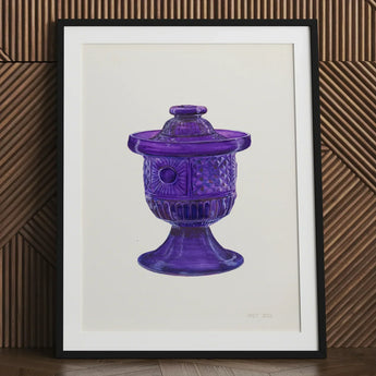 Purple Sugar Bowl with Cover - Janet Riza Decorative Art Print / Canvas Violet Glass Jar Ornate Diamond-cut Pattern Lid Framed Vibrant,