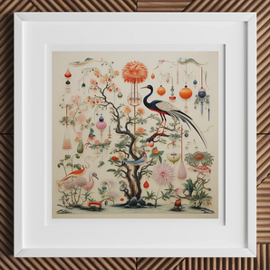 Queer Menagerie Pt 1 - Alien Bird Taxonomy Art Print, 12x12’’ / 31x31cm / White Frame / 2’’ Matboard, Framed Artwork Chinoiserie-style