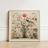 Framed Botanical Illustration Central Tree Ornate Branches Adorned Captivating Queer Menagerie, Alien Gay Bird, Taxonomy