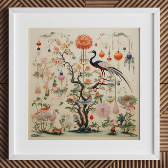 Queer Menagerie Pt 1 - Alien Bird Taxonomy Art Print / Canvas Framed Artwork Central Ornate Tree Vibrant Blossoms Birds Captivating, Gay,