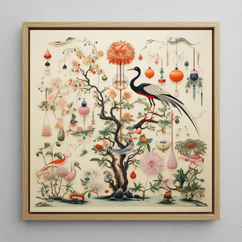 Queer Menagerie Pt 1 - Alien Bird Taxonomy Art Print / Canvas Framed Artwork Detailed Illustration Tree Blossoms Birds Ornaments