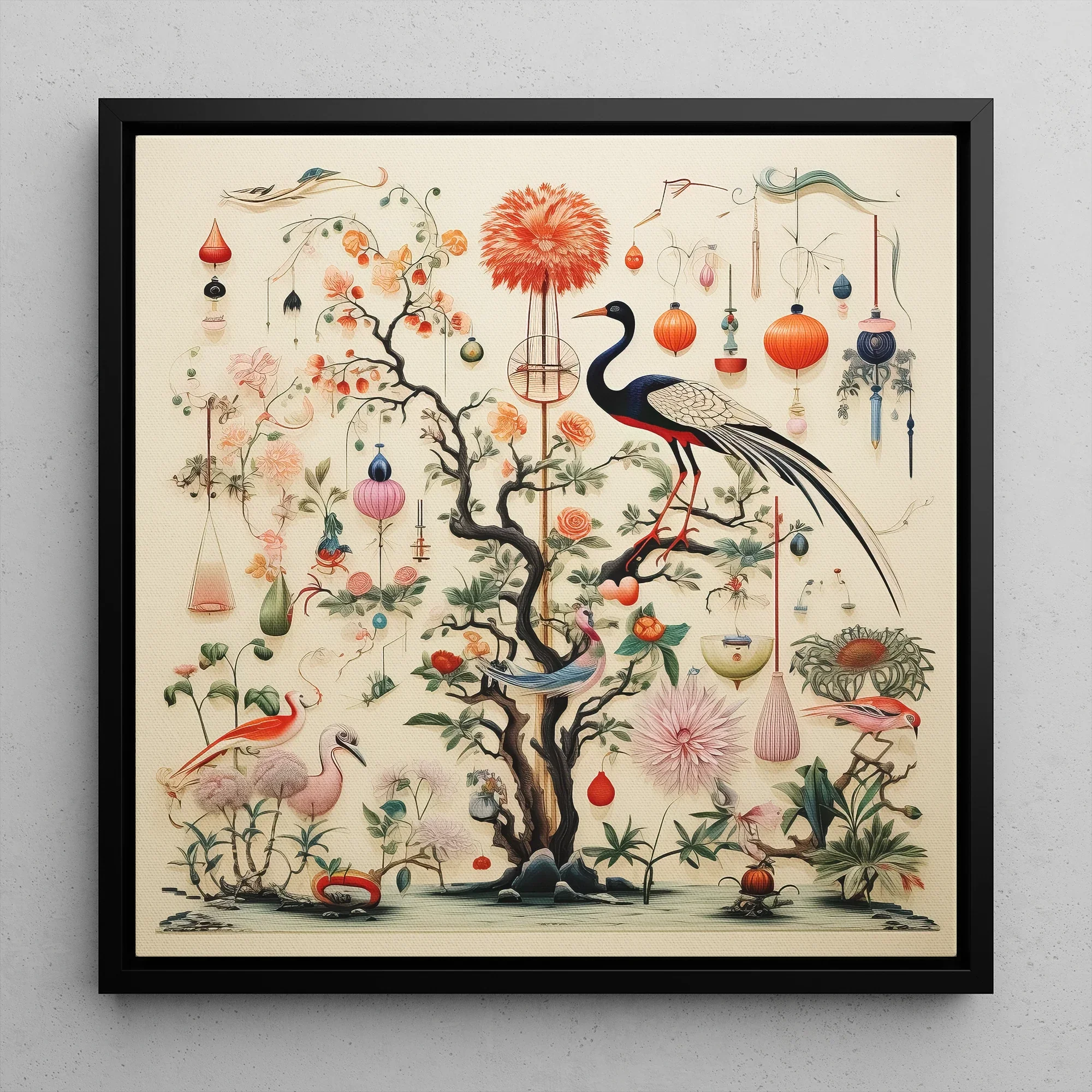 Queer Menagerie Pt 1 Alien Bird Taxonomy Framed Canvas, 12x12’’ / 31x31cm / Black Floating Frame, Framed Oriental Style Artwork