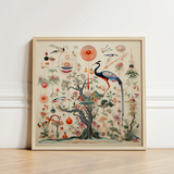 Framed Artwork Detailed Illustration Tree Blossoms Birds Ornaments Queer Menagerie, Extraterrestrial Zoology Meets, Alien Gay Bird