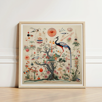 Framed Artwork Detailed Illustration Tree Vibrant Flowers Birds Queer Menagerie, Extraterrestrial Zoology Meets, Alien Gay Bird