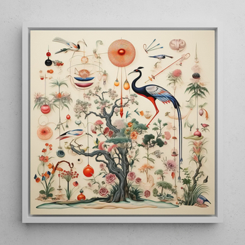 Queer Menagerie Pt 2 - Alien Bird Taxonomy Art Print / Canvas Framed Artwork Central Ornate Tree Blossoms Surrounded Birds Queer Menagerie,