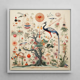 Queer Menagerie Pt 2 - Alien Bird Taxonomy Art Print / Canvas Framed Artwork Central Ornate Tree Blossoms Surrounded Birds,