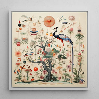 Queer Menagerie Pt 2 - Alien Bird Taxonomy Art Print / Canvas Framed Artwork Central Ornate Tree Blossoms Surrounded Birds,