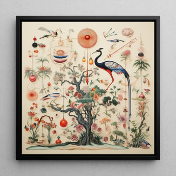 Queer Menagerie Pt 2 - Alien Bird Taxonomy Art Print / Canvas Framed Botanical Avian Illustration Central Ornate Tree Blossoms,