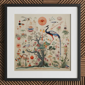Queer Menagerie Pt 2 - Alien Bird Taxonomy Art Print / Canvas Framed Botanical Illustration Central Blue Black Crane Perched,