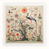 Queer Menagerie Pt 2 - Alien Bird Taxonomy Art Print / Canvas Intricate Illustration Central Tree Surrounded Diverse Flora Fauna,