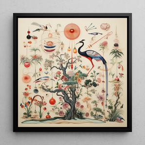 Queer Menagerie Pt 2 - Alien Bird Taxonomy Framed Canvas, 12x12’’ / 31x31cm / Black Floating Frame, Framed Botanical Avian Art