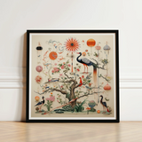 Framed Ornamental Illustration Central Tree Blossoms Birds Vibrant Queer Menagerie, Alien Gay Bird, 18th-century Scientific