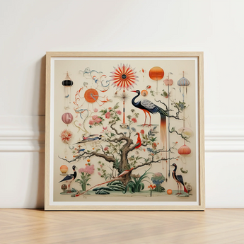 Framed Artwork Detailed Ornate Illustration Birds Floral Elements Queer Menagerie, Alien Gay Bird, 18th-century Scientific