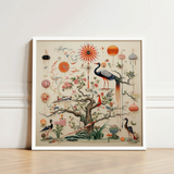 Framed Ornamental Artwork Detailed Colorful Illustration Birds Flowers Queer Menagerie, Alien Gay Bird, 18th-century Scientific