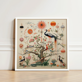 Framed Ornamental Artwork Detailed Colorful Illustration Birds Flowers Queer Menagerie, Alien Gay Bird, 18th-century Scientific