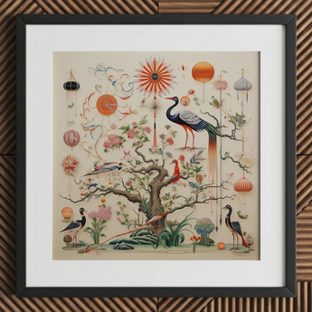 Queer Menagerie Pt 3 - Alien Bird Taxonomy Art Print / Canvas Framed Artwork Detailed Colorful Illustration Birds Flowers Off-white Queer