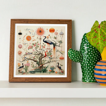 Queer Menagerie Pt 3 - Alien Bird Taxonomy Art Print / Canvas Framed Artwork Vibrant Chinoiserie-style Illustration Birds Trees Flowers,