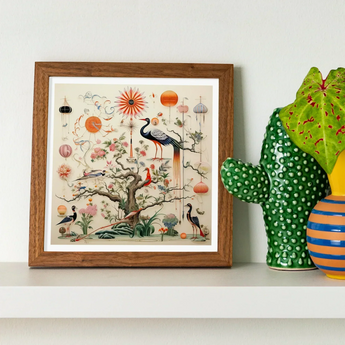 Queer Menagerie Pt 3 - Alien Bird Taxonomy Art Print / Canvas Framed Artwork Vibrant Chinoiserie-style Illustration Birds Trees Flowers