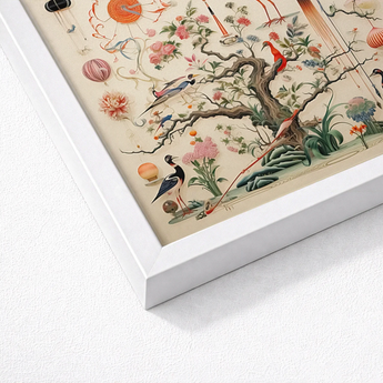 Framed Ornamental Print Detailed Illustration Birds Flowers Decorative Queer Menagerie, Alien Gay Bird, 18th-century Scientific