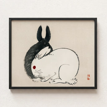 Black-framed Artwork Minimalist Ink Wash Illustration Two Rabbits Kono Bairei’s Black and White, Meiji-era Japanese Artistry, Melding