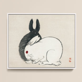 Minimalist Framed Artwork White Rabbit Red Eye Black Kono Bairei’s and Rabbits, Meiji-era Japanese Artistry, Melding Elegance