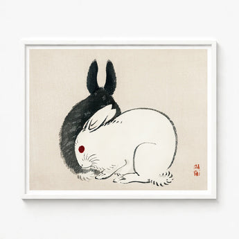 Minimalist Ink-wash Painting Two Rabbits Black White Red Kono Bairei’s and, Meiji-era Japanese Artistry, Melding Elegance