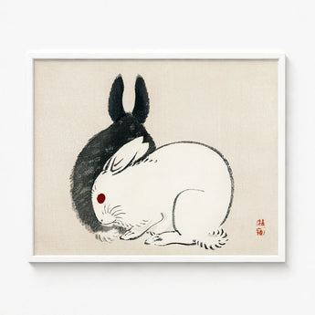 Minimalist Framed Artwork Black-and-white Ink Painting Two Rabbits Kono Bairei’s Black and White, Meiji-era Japanese Artistry, Melding