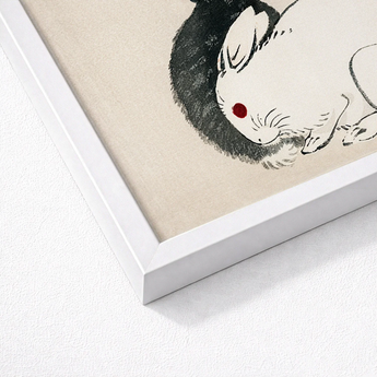 Framed Artwork Stylized Black-and-white Illustration Rabbit Red Dot Kono Bairei’s Black and White Rabbits, Meiji-era Japanese Artistry,