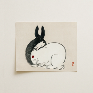 Rabbits - Kōno Bairei Kacho-e Art Print / Canvas, Kono Bairei’s Black and White Rabbits, Meiji-era Japanese Artistry, Melding Minimalist