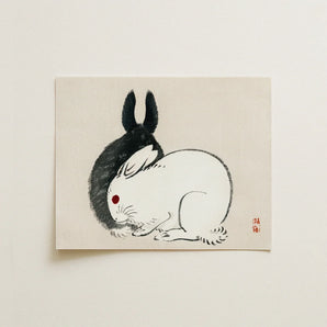 Rabbits - Kono Bairei Kacho-e Art Print / Canvas Minimalist Ink-wash Painting Two Black White Rendered Bairei’s and, Meiji-era Japanese