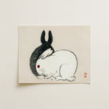 Rabbits - Kono Bairei Kacho-e Art Print / Canvas Minimalist Ink-wash Painting Two Black White Rendered Bairei’s and, Meiji-era Japanese