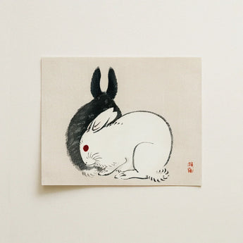 Rabbits - Kono Bairei Kacho-e Art Print / Canvas Minimalist Ink-wash Painting Two Black White Rendered Bairei’s and, Meiji-era Japanese
