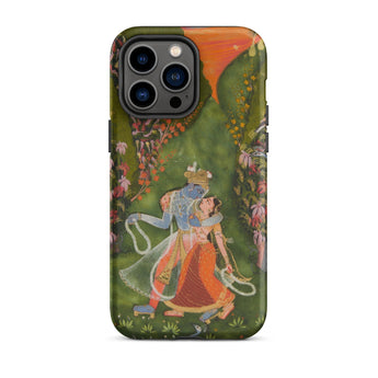Radha & Krishna in a Flowering Grove Phone Case Iphone 14 Pro Max / Matte Iphone Case Krishna Radha Painting Twilight Hush, Rajasthani