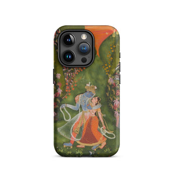 Radha & Krishna in a Flowering Grove Phone Case Iphone 15 Pro / Matte Phone Case Krishna Radha Design Twilight Hush, Rajasthani Grove,