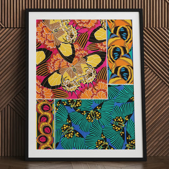 Rainbow Butterflies - E.a. Seguy Pochoir Art Print / Canvas Vibrant Butterfly-themed Black Frame White Bold, Chromatic Exuberance Prints