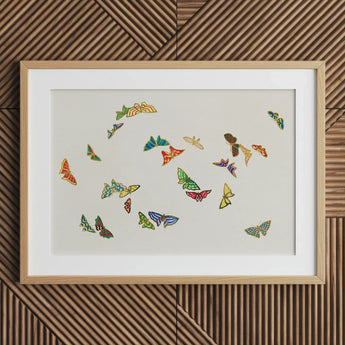 Rainbow Butterflies - Kamisaka Sekka Art Print / Canvas Framed Artwork Collection Colorful Intricately Designed Butterfly Patches, Sekka’s,