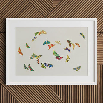Rainbow Butterflies - Kamisaka Sekka Art Print / Canvas White-framed Artwork Collection Colorful Intricately Designed Hues, Sekka’s,