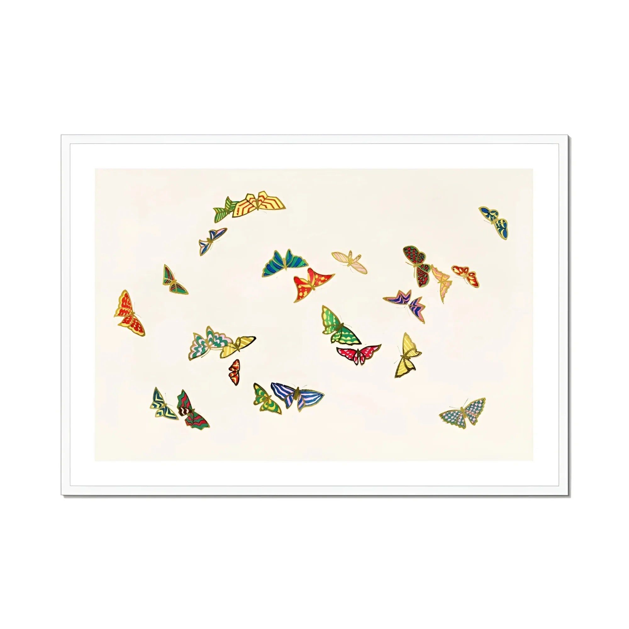 Rainbow Butterflies - Kamisaka Sekka Art Print, Colorful Butterflies Scattered Whimsical Pattern