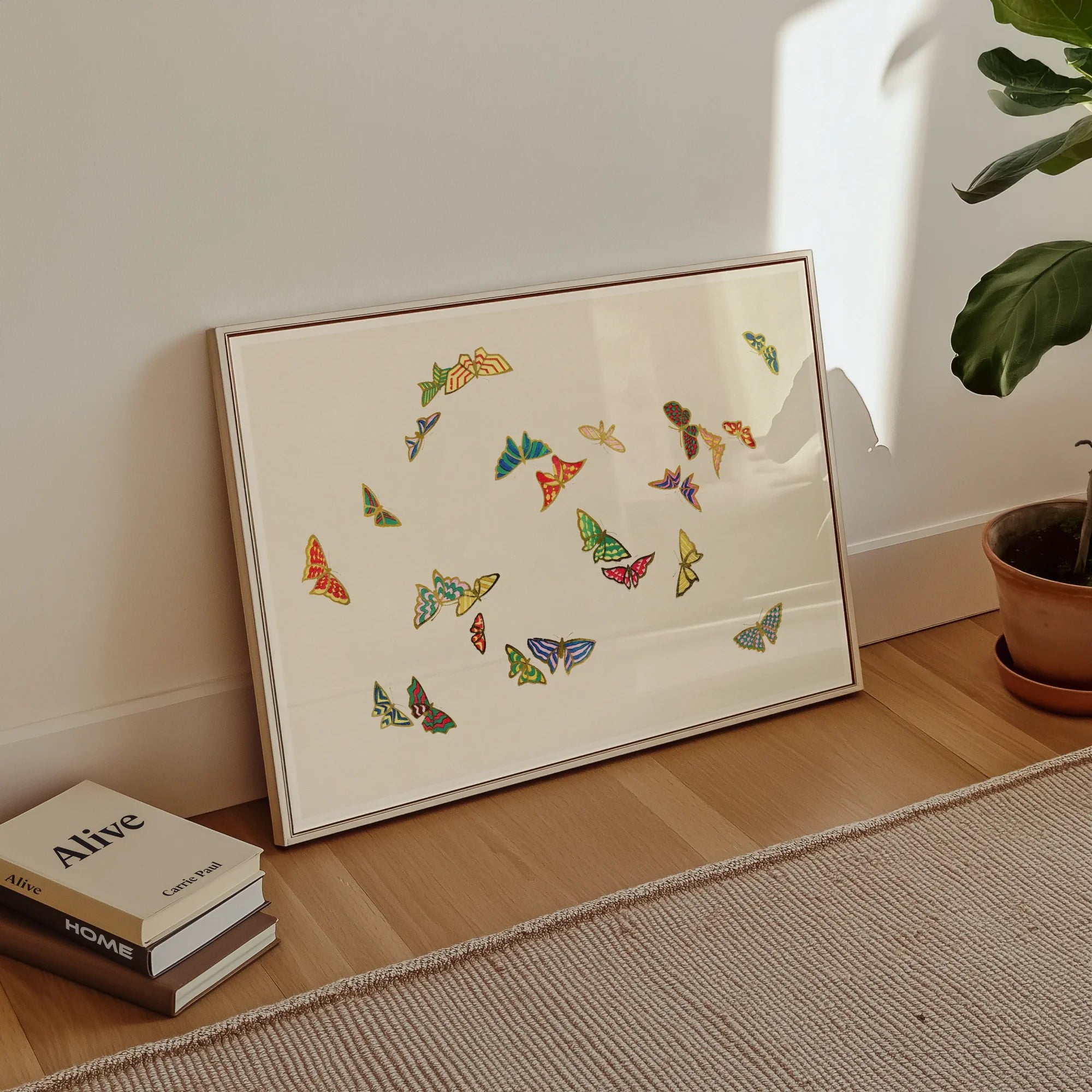 Rainbow Butterflies - Kamisaka Sekka Art Print, Framed Artwork Colorful Butterflies Cream Background