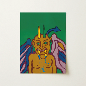 Rainbow Devil - Lanny Sommese Art Print / Canvas Vibrant Pop-art Stylized Golden-skinned Demon Yellow Horns Builds, Horned Trickster Grins